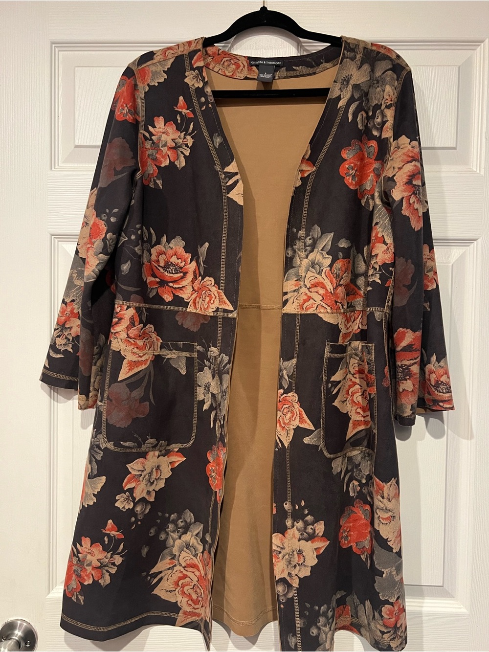 Chelsea & Theo Black Floral Open Front Long Cardigan with Orange Accents